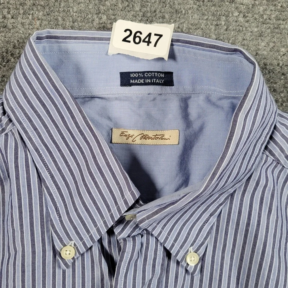 Made In Italy Shirt Mens Large Blue White Stripe Button Down Dress 100%‎ Cotton